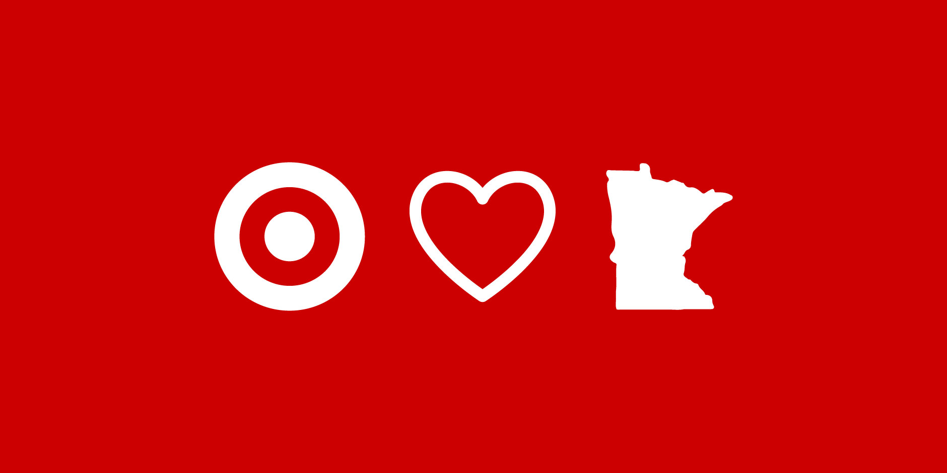 Three white icons on a red background. From left: Target’s Bullseye logo, a heart and the state of Minnesota.
