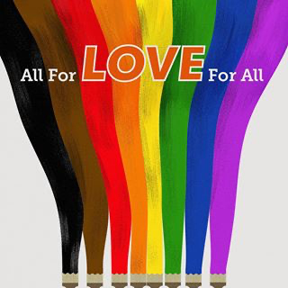 The text 'All for love for all' on top of a rainbow background.