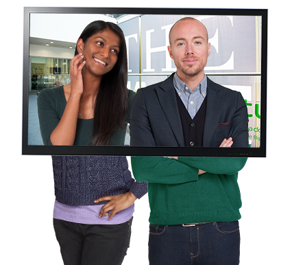 Image of three people on television