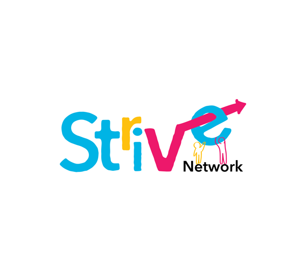 Strive Network logo with blue text and upward arrow.