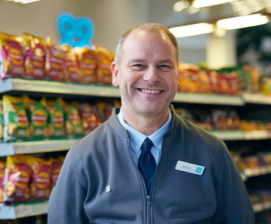 A man smiling infront of food aisle