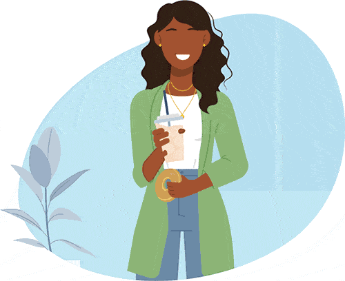 Illustration of a smiling woman holding an iced coffee and a bagel
