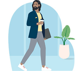Illustration of a young man walking in an office with coffee