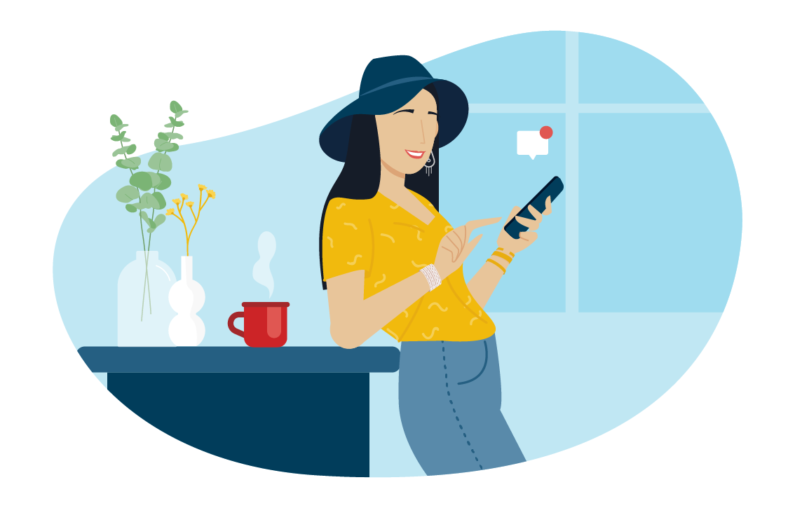 Illustration of Capital One associate leaning up against a desk looking at her phone