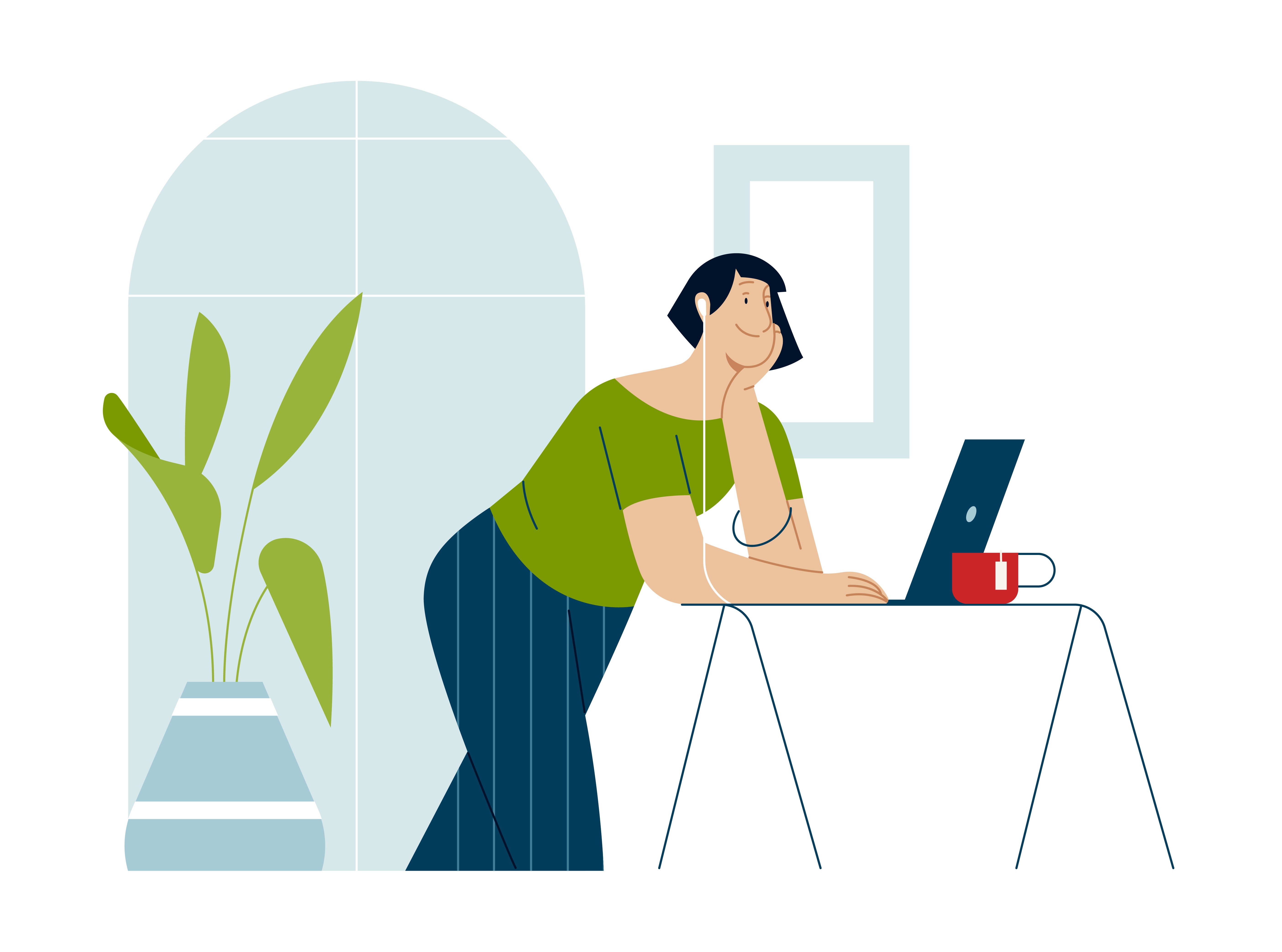 An illustration of a Capital One Mexico City associate standing over a desk working on a laptop with headphones in