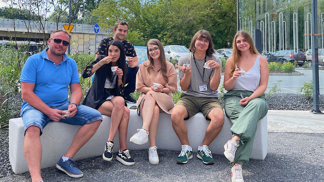 A team taking a fun break outside TTEC Poland office