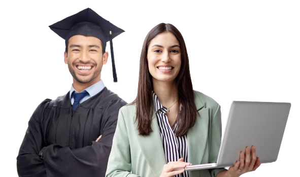 Two people smiling at the camera. One is wearing a graduation hat and gown while the other is holding a laptop