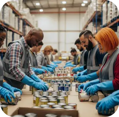 OnTrac employees working on a food bank