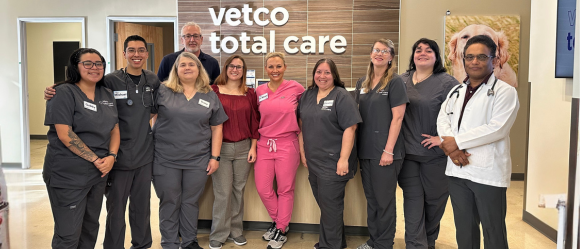 Smiling veterinary team standing together indoors.