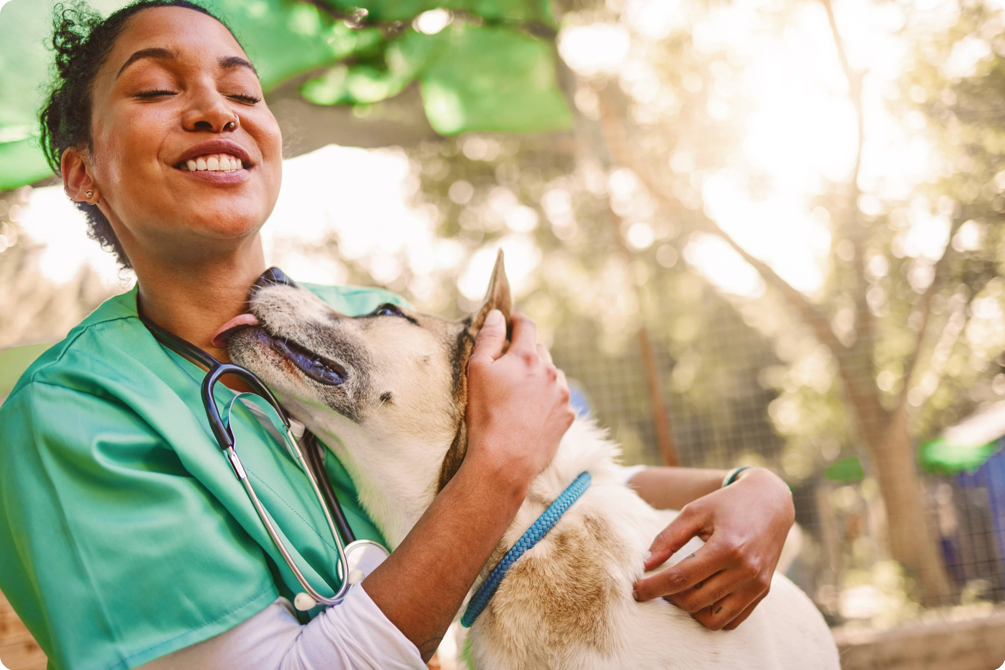 Veterinary professional hugs a dog who is licking her face