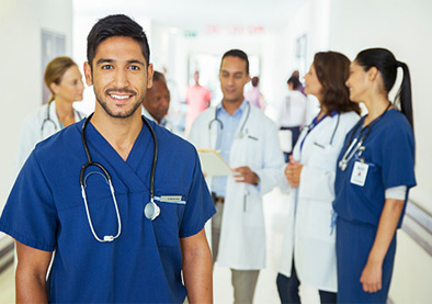 Group of nurses and doctors in a hallway