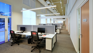 Area with desks lined up in cubicles