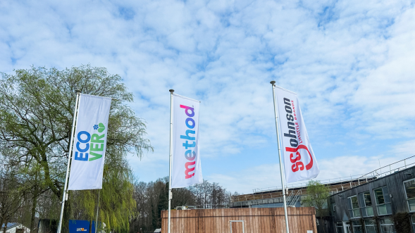 Three flags flying in front of facility - Ecover, method and SC Johnson Lifestyle Brands