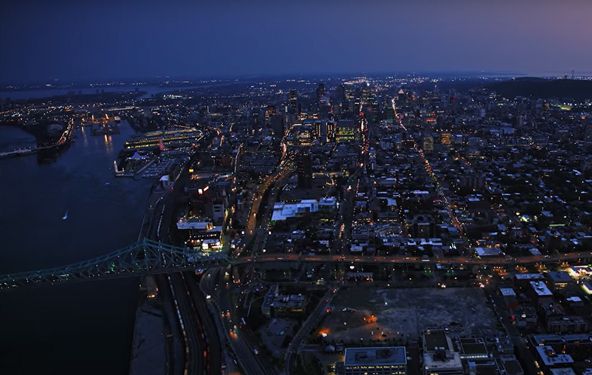 Aerial view of city at dawn
