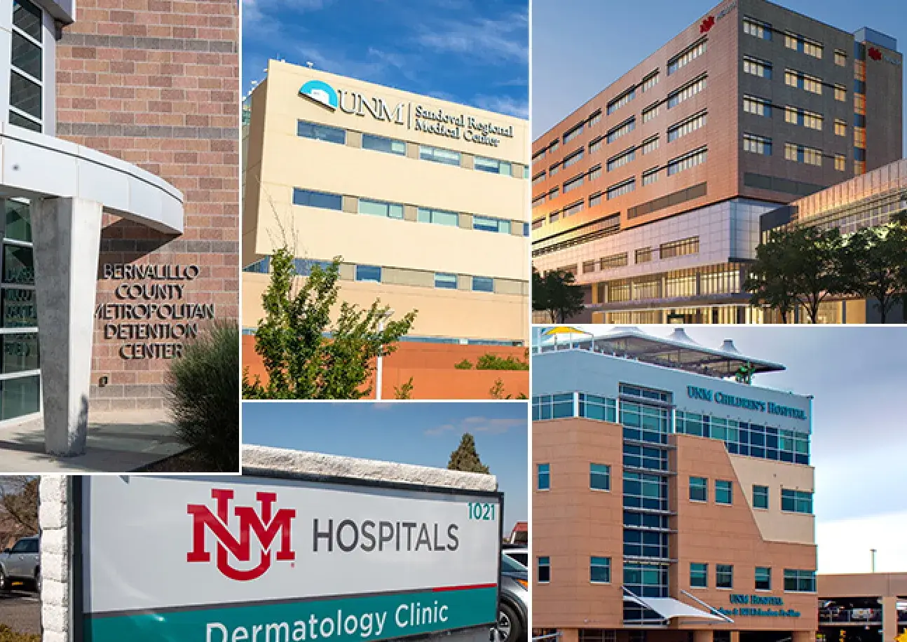 Exteriors of multiple UNMH buildings and hospitals
