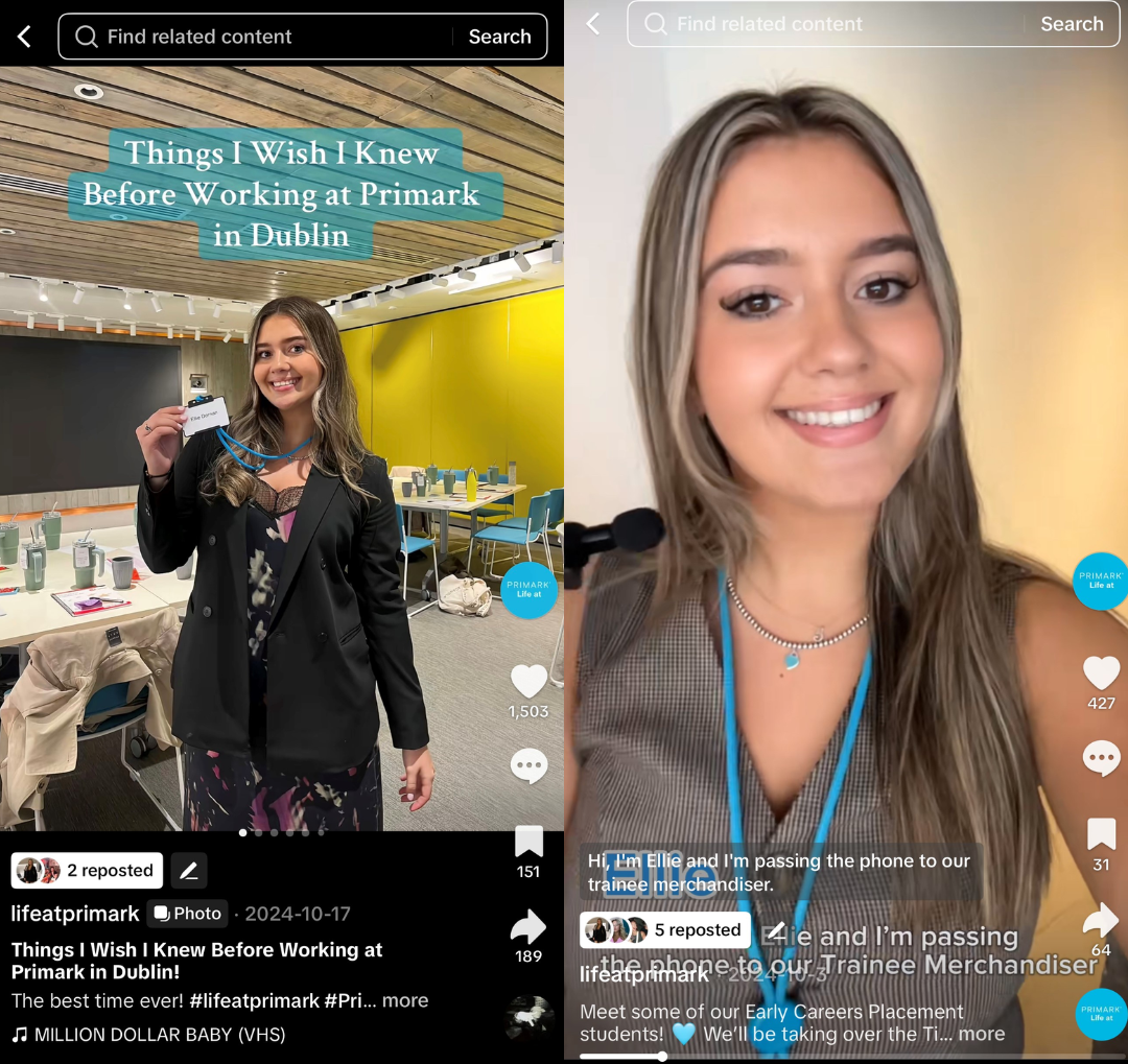 Screenshots of TikTok posts on Life at Primark account
