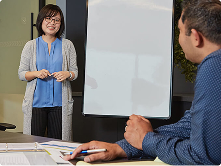 Two people planning on a whiteboard