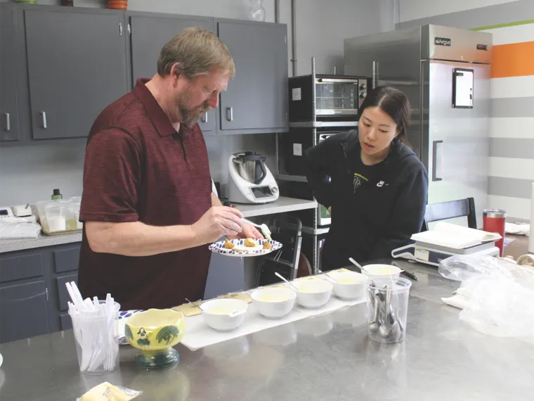 Workers in a test kitchen