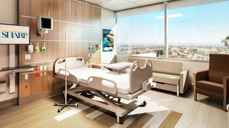 Patient room at Sharp Chula Vista hospital tower