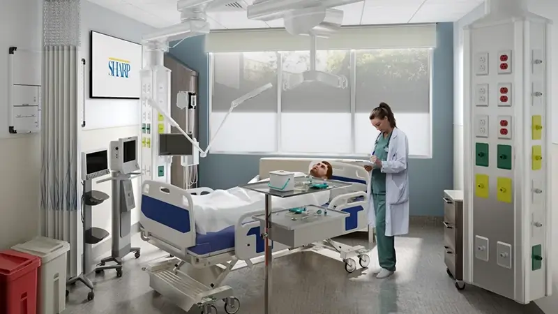 realistic 3D rendering of a hospital room interior with a patient lying in bed and a physician taking notes beside him