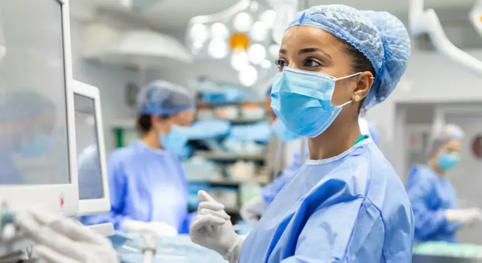 young female nurse in scrubs looking at a monitor in an operation room during a medical procedure