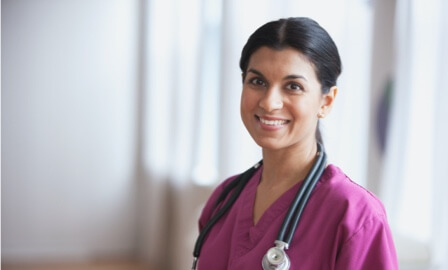 Clinical Diverse Woman in Maroon Scrubs