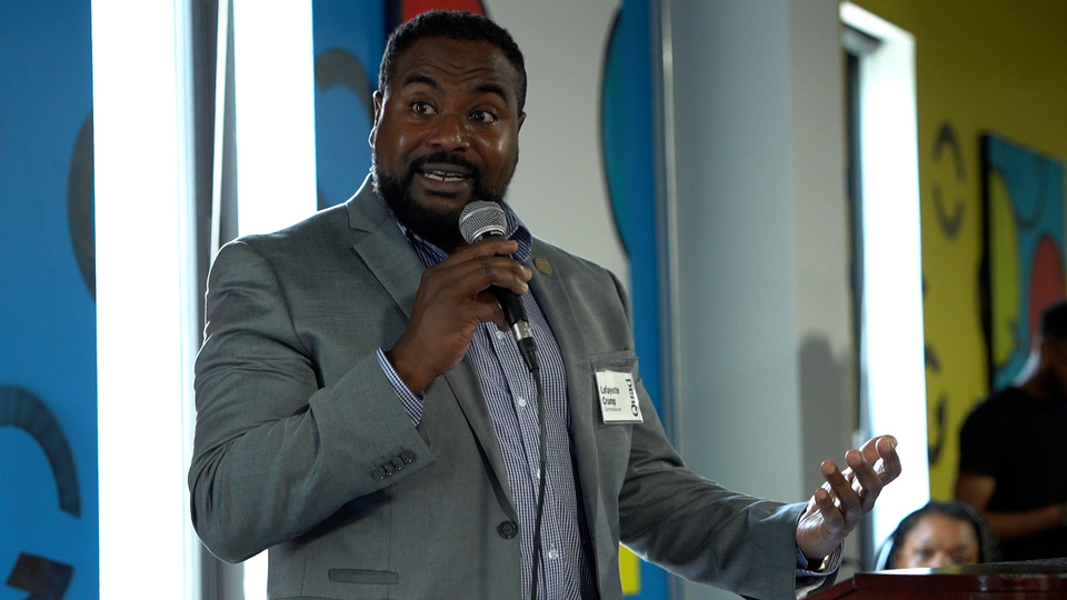 Layfayette Crump speaking at Quad MKE open house