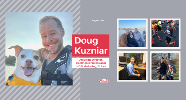 Photos of employee Doug Kuzniar with his dog, with family, and by himself.