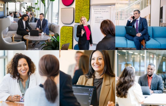 Collage of employees conversating in various corporate settings