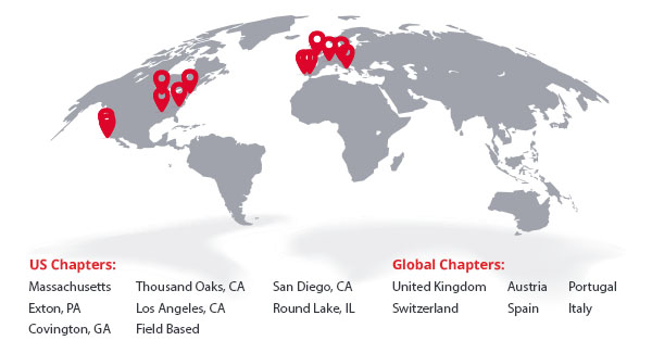 Map showing IGNITE chapter locations in the US and Europe