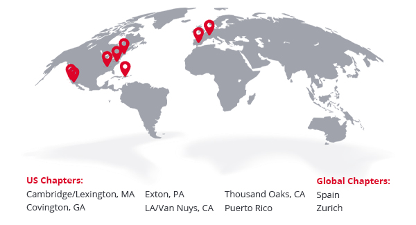 Map of IMPACTO chapter locations: United States, Spain, and Zurich