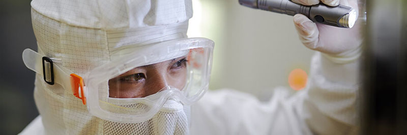 an employee dressed in has mask suit with a flash light