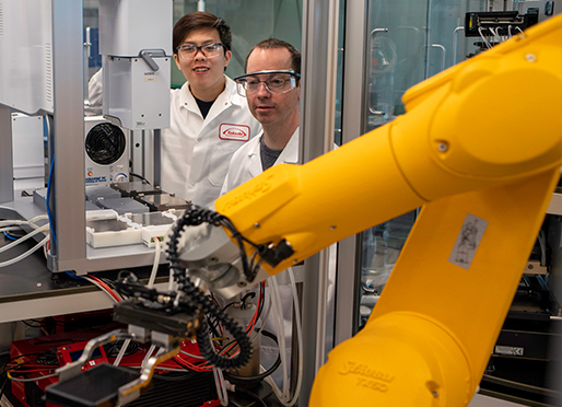 Emploes working with a robotic arm
