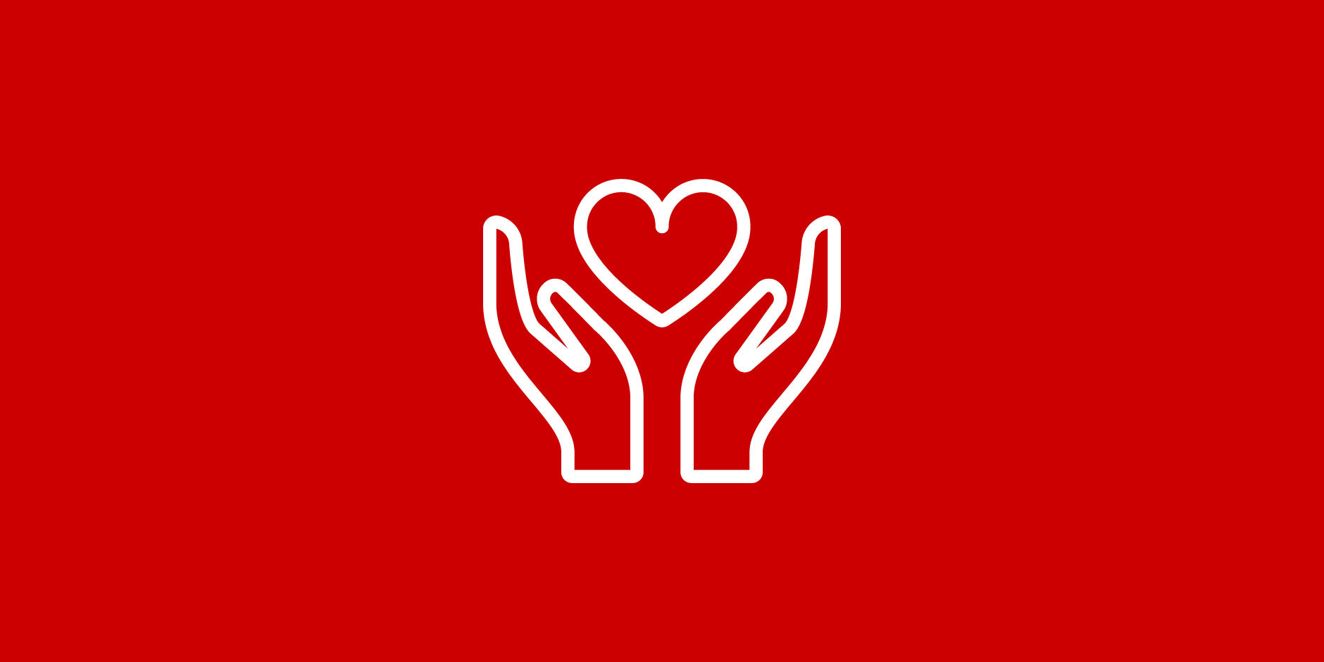 "An illustration of two hands holding a heart in white outline against a red background"