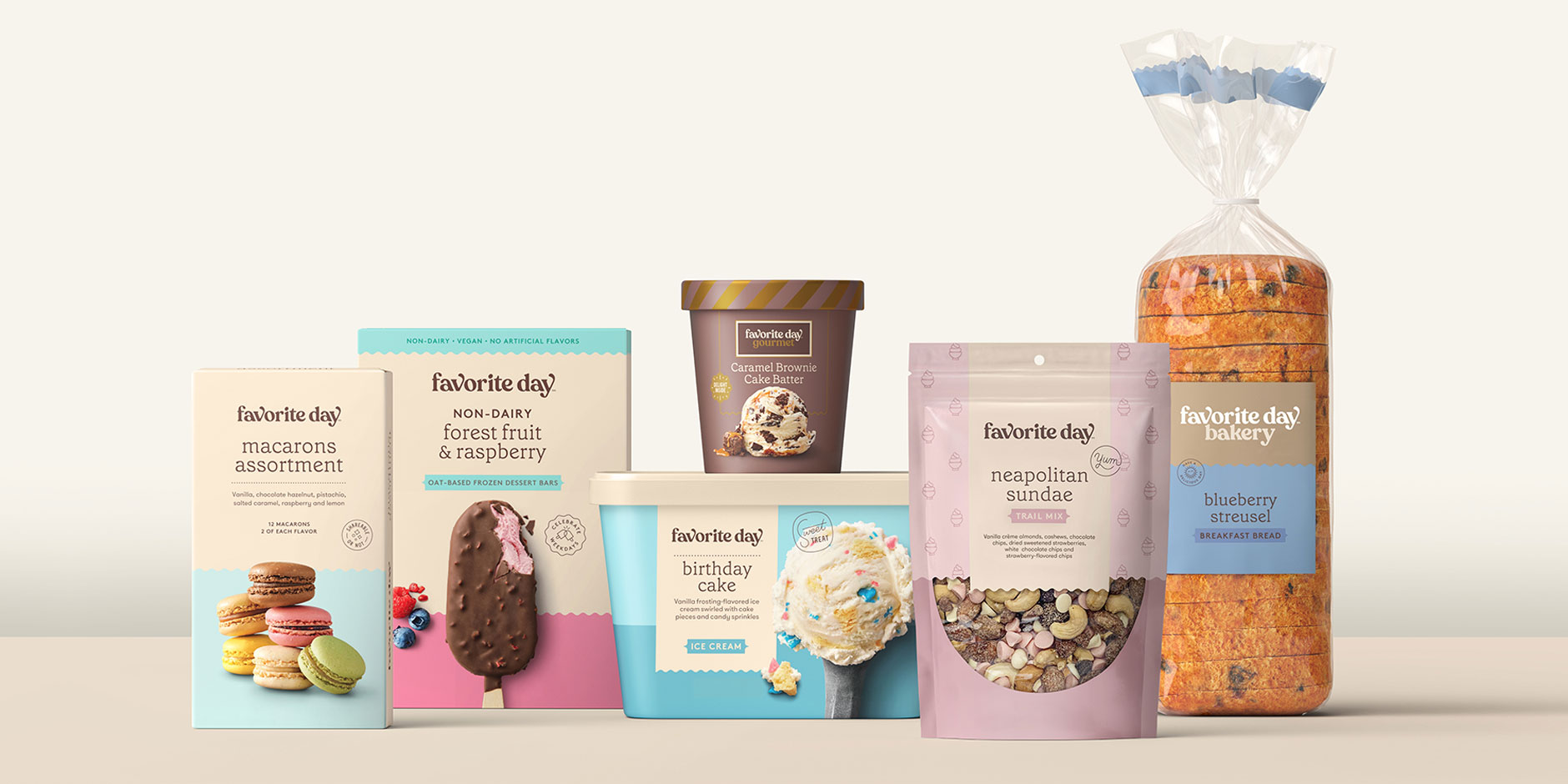 "A collage shows six different Favorite Day products, from macarons and premium ice cream to trail mix, in colorful pastel packages"