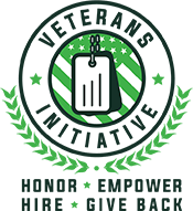 A badge that says 'Veterans Initiative - Honor, Empower, Hire, Give Back'