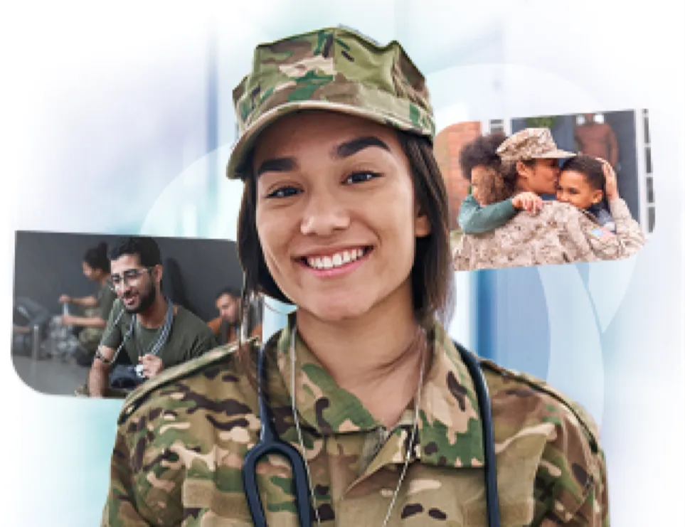 Woman in military uniform wearing a stethoscope, smiling for the camera.