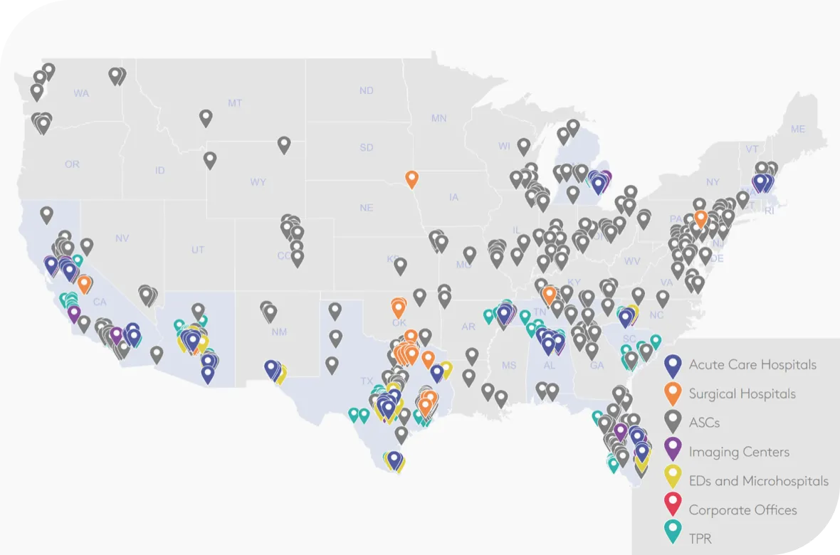 Map of the United States with facility locations marked with a pin. Location key: Acute Care Hospitals, Surgical Hospitals, ASCs, Imaging Centers, EDs and Microhospitals, Corporate Offices, and  TPR