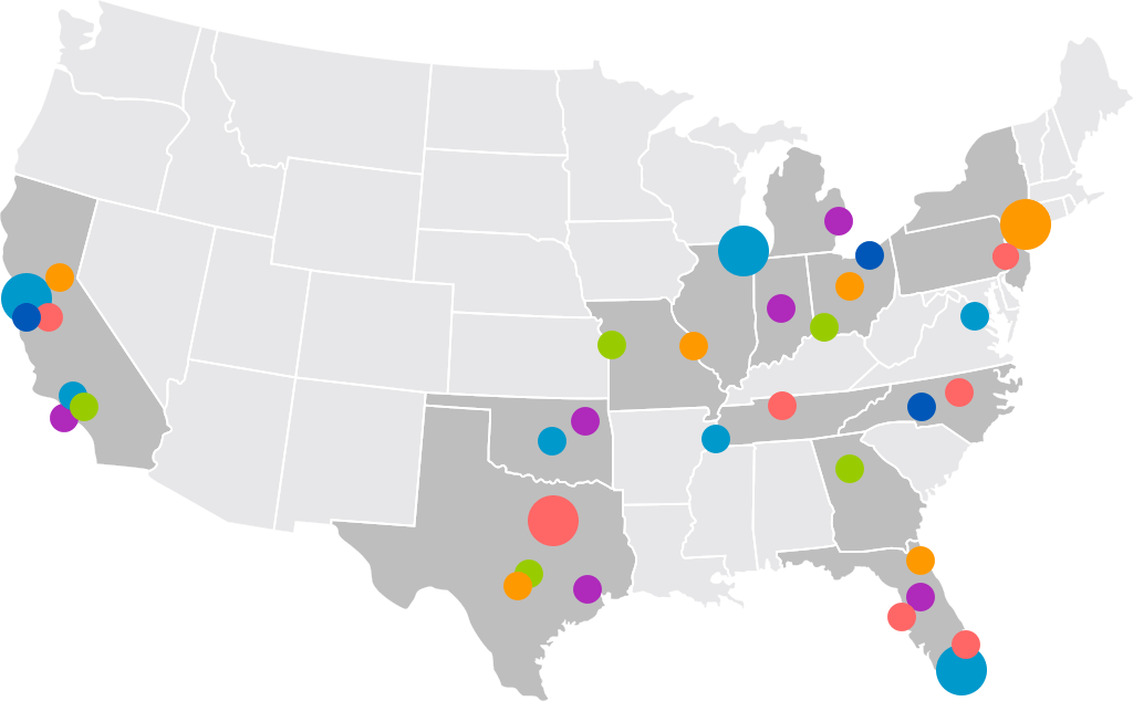 Map of the continental USA showing dots on all B2B Locations
