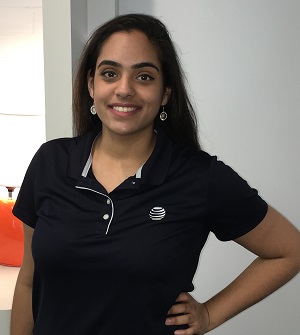 Simran smiling wearing a black shirt with the AT&T logo