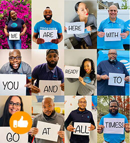 Collage of employees holding signs