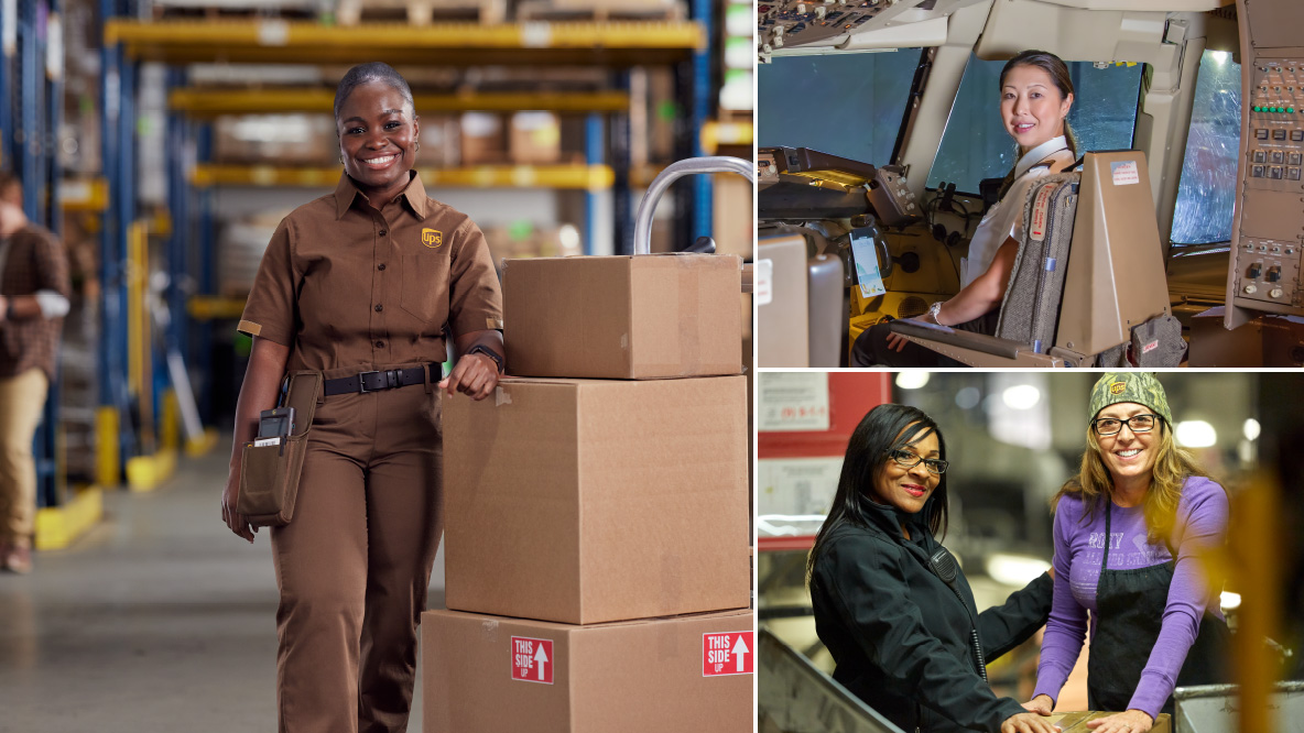 Various images of UPS Women in Operations (WIO) Business Resource Group driving a UPS truck, at a coorporate event and standing in front of a UPS truck.