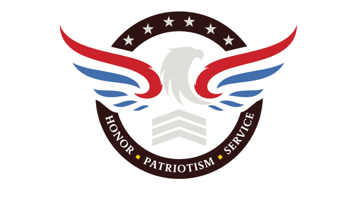 A red, white, and blue eagle graphic above the words Honor, Patriotism, Service