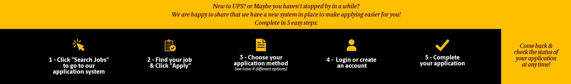 New to UPS? or Maybe you haven't stopped by in a while?  We are happy to share that we have a new system in place to make applying easier for you! 5 Steps: (1) Click 'Search Jobs' to go to our application system. (2) Find your job & click 'Apply' (3) Choose your Application Method (4) Login or create an account (5) Complete your application. Come back & check the status of your application at any time!