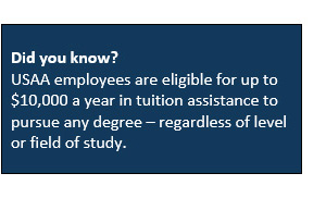 Did you know? USAA employees are eligible for up to $10,000 a year in tuition assistance to pursue any degree - regardless of level or field of study.