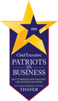 2026 Chief Executive Patriots in Business award badge featuring a gold star over a red, white, and blue ribbon design. Text reads: &ldquo;2026 Chief Executive Patriots in Business - Best Companies for Military and Veteran Initiatives in Partnership with Thayer.&rdquo;