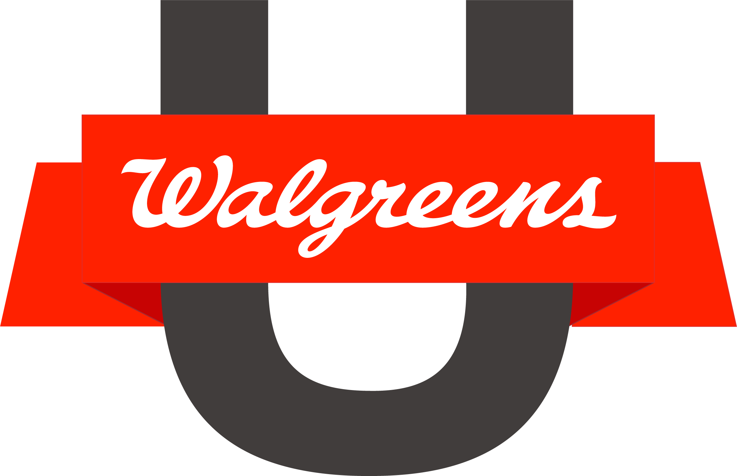 Walgreens University logo with dark gray upper case U and red banner with Walgreens in white script letters on red banner