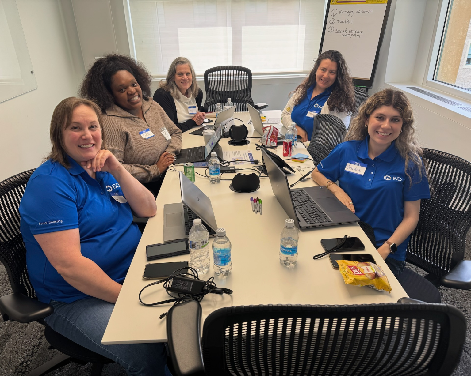 BD associates and local non-profit partners collaborating during an in-person workshop, working together around a conference table.