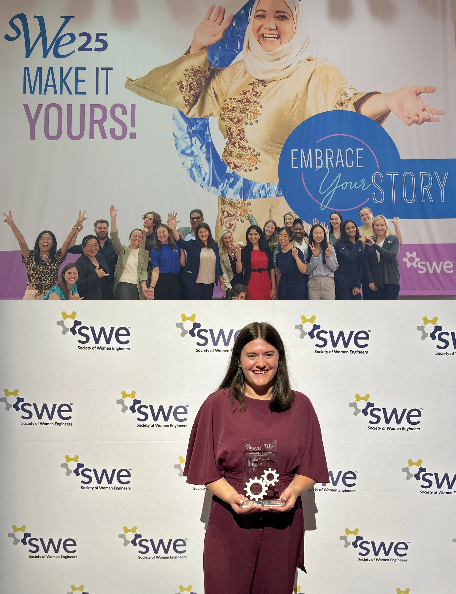 Large group of BD associates stood in front of a Society of Women Engineers sign
