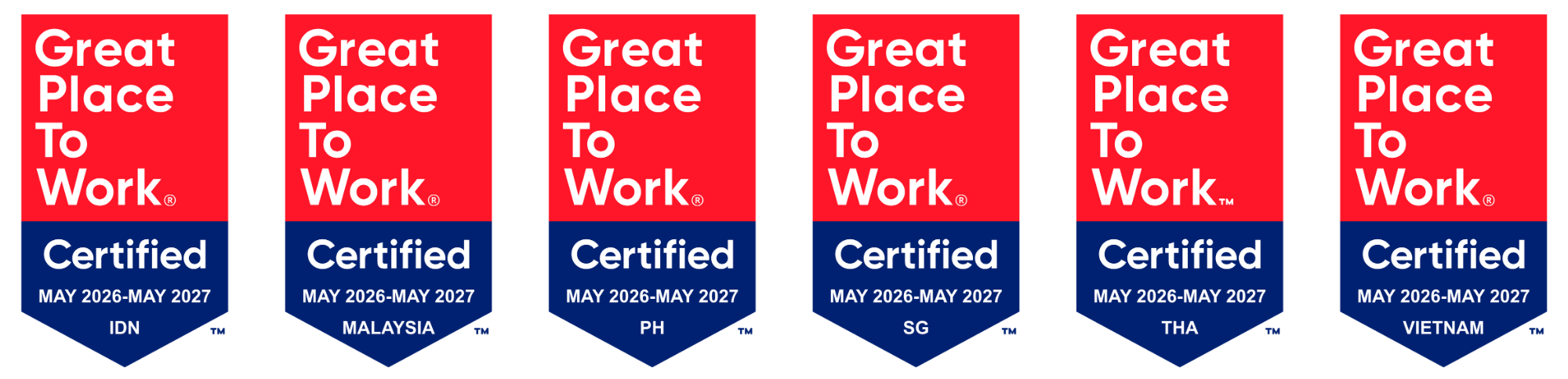 Great Place to Work Certified badges for Indonesia, Malaysia, Philippines, Singapore, Thailand and Vietnam.